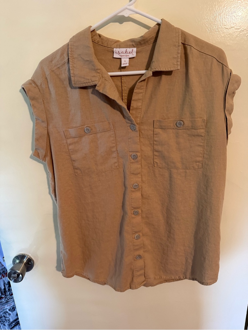 Women’s Isabel Button-Front Linen/Rayon Short Sleeve Top in Camel- size Small